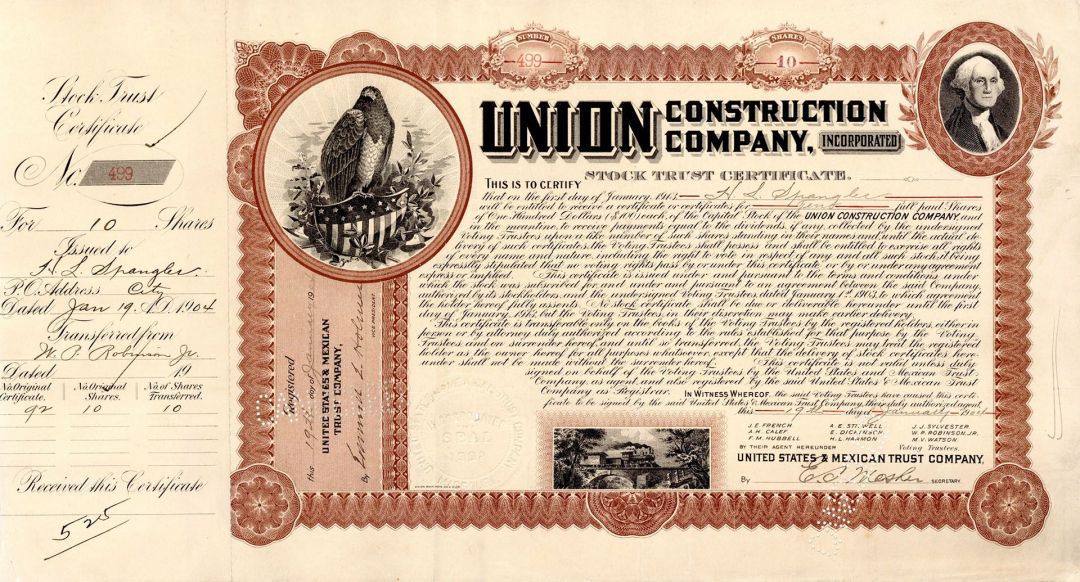 Union Construction Co., Inc. - Railroad Stock Certificate - Branch Company of the Atchison, Topeka & Santa Fe Railway