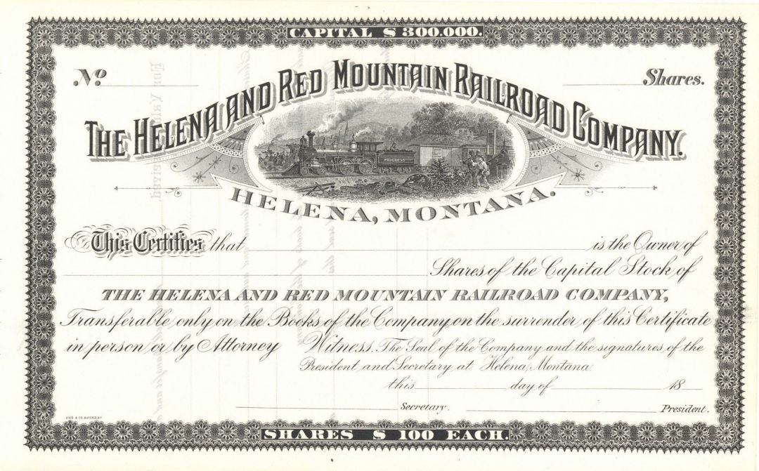 Helena and Red Mountain Railroad Co. - Stock Certificate