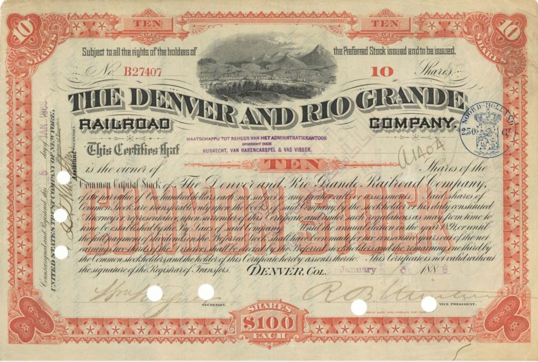 Denver and Rio Grande Railroad Co. - 1888 or 1896 dated Gorgeous Stock Certificate