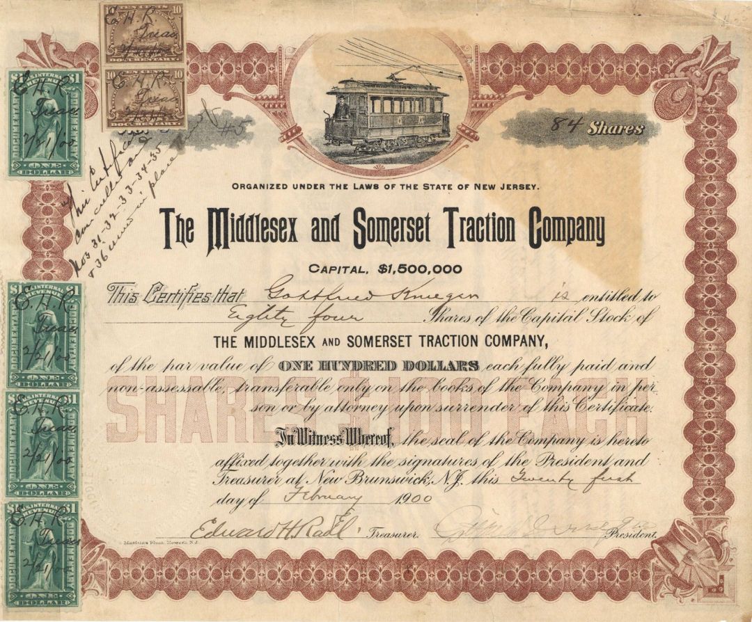 Middlesex and Somerset Traction Co. - Stock Certificate