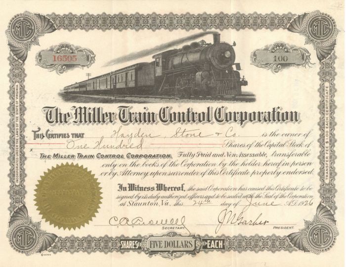 Miller Train Control Corporation - Railroad Equipment Stock Certificate