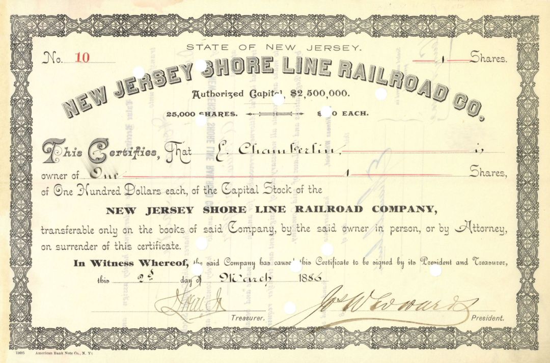 New Jersey Shore Line Railroad Co. - 1886 dated New Jersey Railway Stock Certificate
