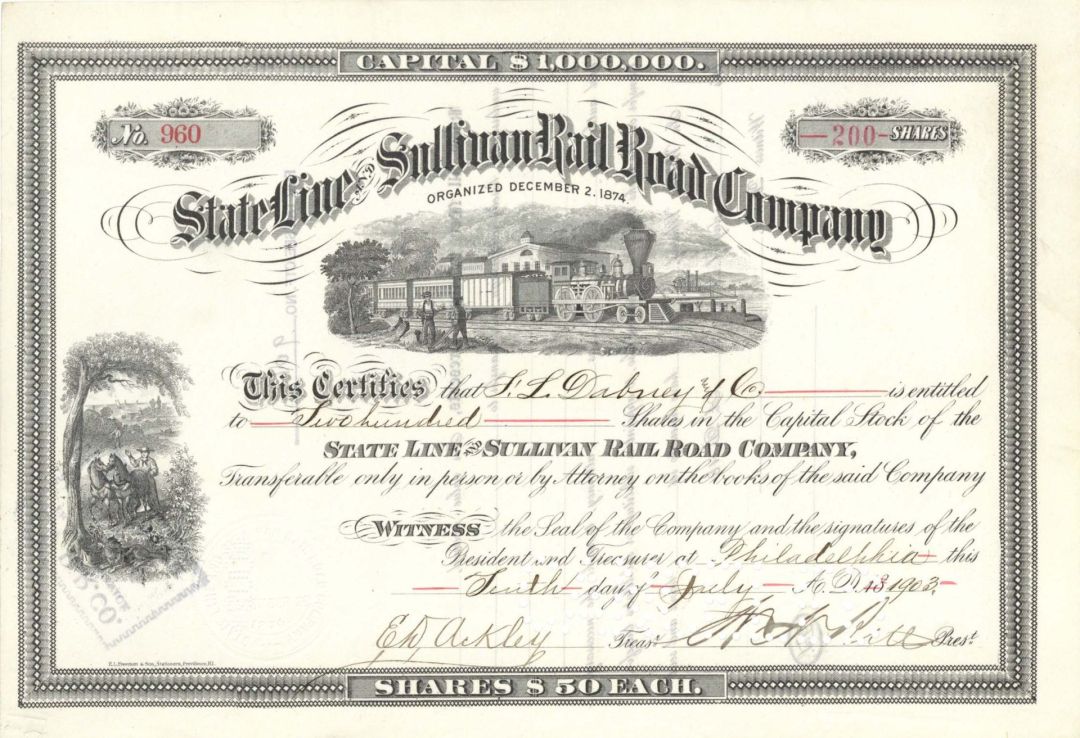 State Line and Sullivan Rail Road Co. - 1903 dated Stock Certificate