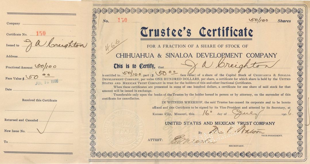 Chihuahua and Sinaloa Development Co. - Stock Certificate