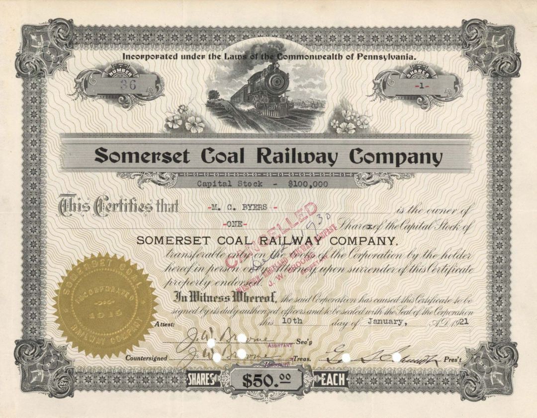 Somerset Coal Railway Co. - 1916 or 1921 dated Stock Certificate