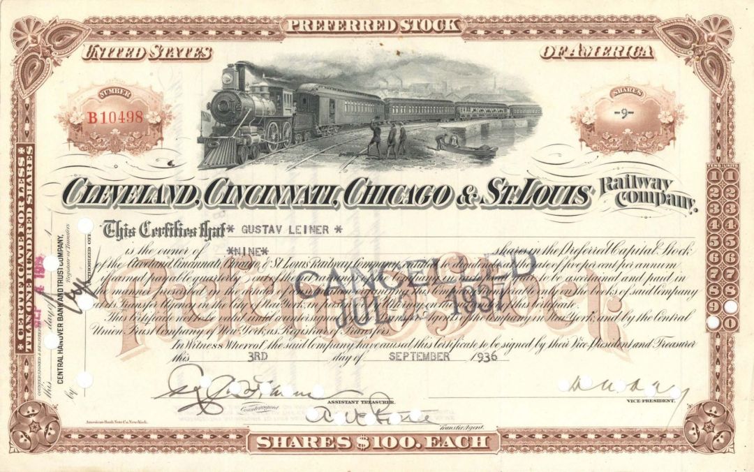 Cleveland, Cincinnati, Chicago and St. Louis Railway Co. - 1892 or 1936 dated Stock Certificate