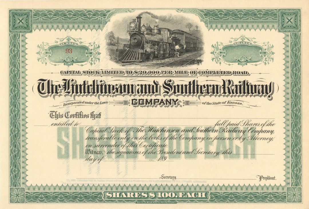Hutchinson and Southern Railway Co. - Unissued Railroad Stock Certificate