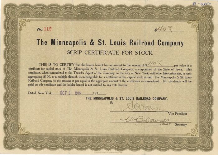 Minneapolis and St. Louis Railroad Co. - Stock Certificate