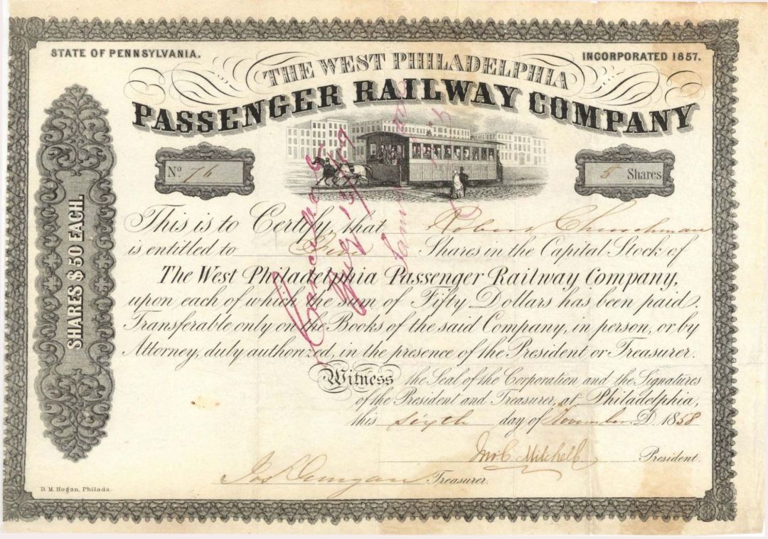 West Philadelphia Passenger Railway Co. - 1858-1862 dated Stock Certificate