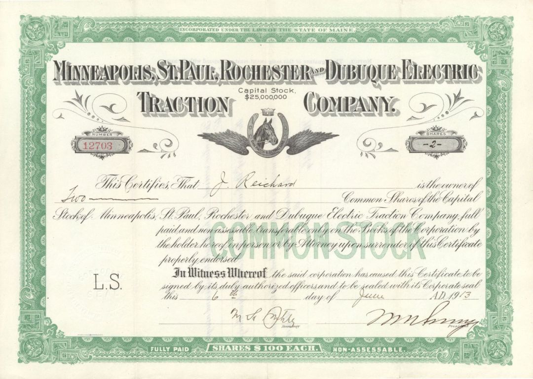 Minneapolis, St. Paul, Rochester and Dubuque Electric Traction Co. - 1909-1913 dated Stock Certificate