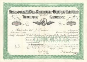 Minneapolis, St. Paul, Rochester and Dubuque Electric Traction Co. - 1909-1913 dated Stock Certificate