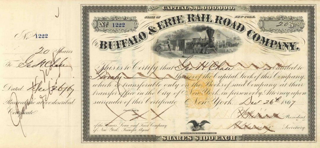 Buffalo and Erie Railroad Co. - New York Railway Stock Certificate