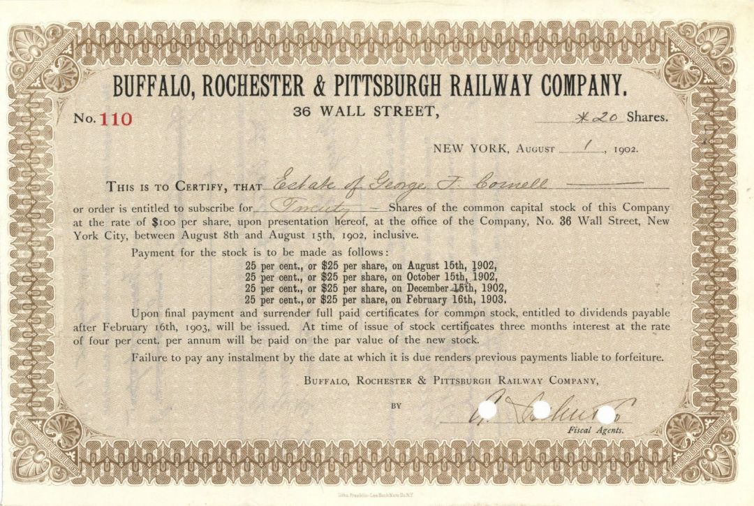 Buffalo, Rochester and Pittsburgh Railway Co. - Stock Certificate