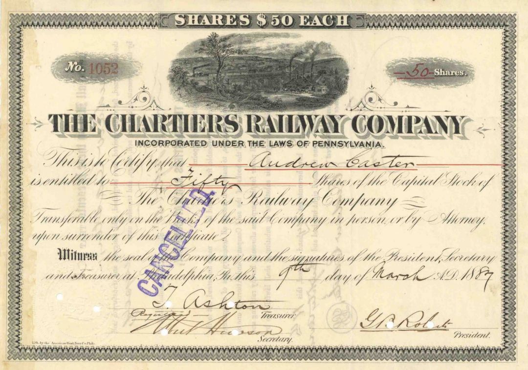 Chartiers Railway Co. - Pennsylvania Railroad Stock Certificate
