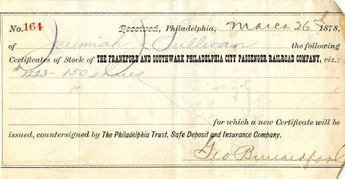 Frankford and Southwark Philadelphia City Passenger Railroad Co. - Stock Certificate