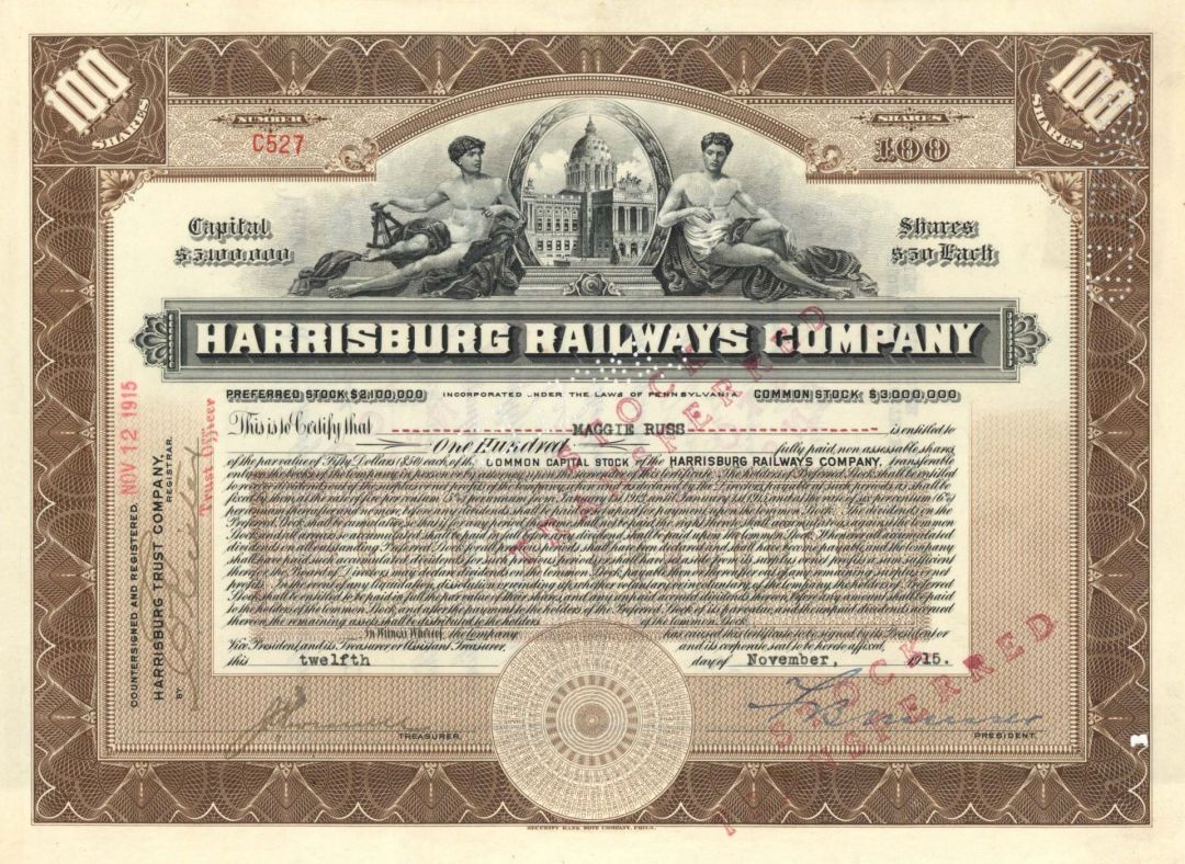 Harrisburg Railways Co. - 1915 or 1919 dated Stock Certificate