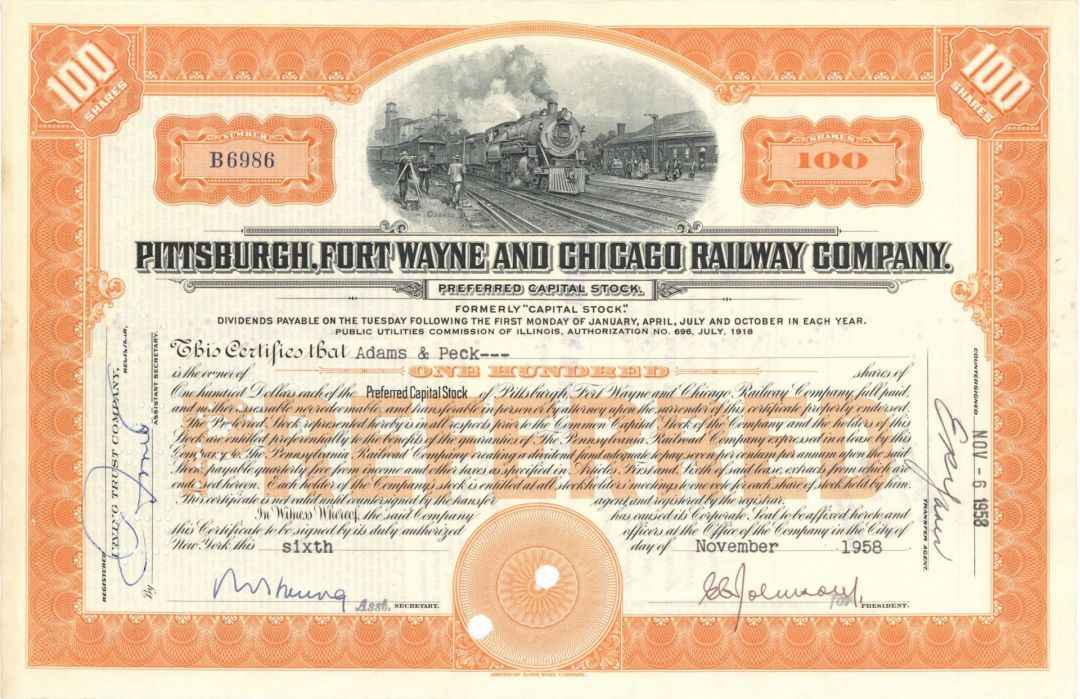 Pittsburgh, Fort Wayne and Chicago Railway Co. - Stock Certificate