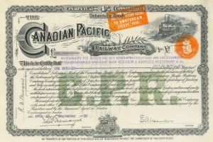 Canadian Pacific Railway Co. - 1920's-30's dated Railroad Stock Certificate - Gorgeous Design