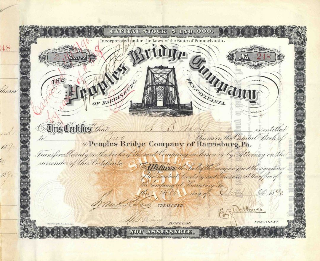 People's Bridge Co. of Harrisburg, Pennsylvania - Railroad/Bridge Stock Certificate