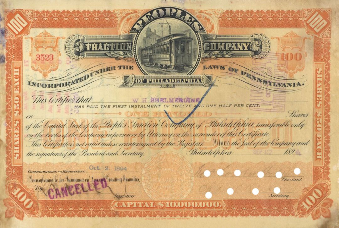 Peoples Traction Co. of Philadelphia - 1894 dated Pennsylvania Railway Stock Certificate - With Stains