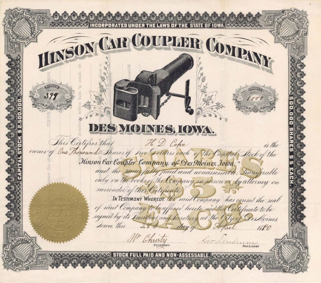 Hinson Car Coupler Co. - 1890 dated Stock Certificate