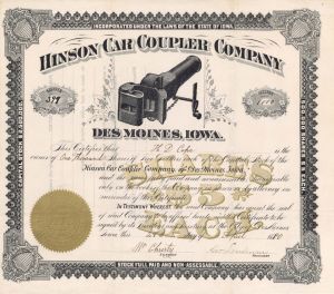 Hinson Car Coupler Co. - 1890 dated Stock Certificate