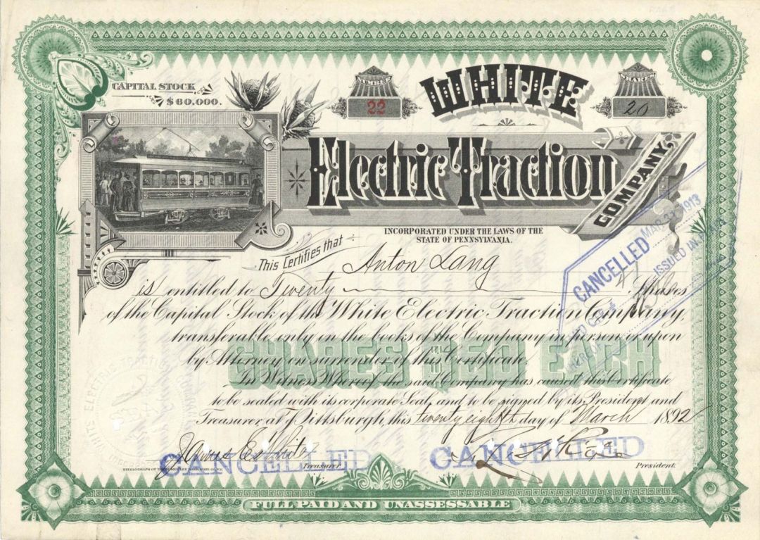 White Electric Traction Co. - 1892 dated Pennsylvania Railroad Stock Certificate