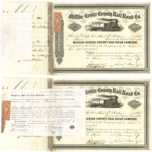 Mifflin and Centre County Rail Road Co. - Same Stock Folded and Unfolded - 1864-1885 dated Railway Stock Certificate
