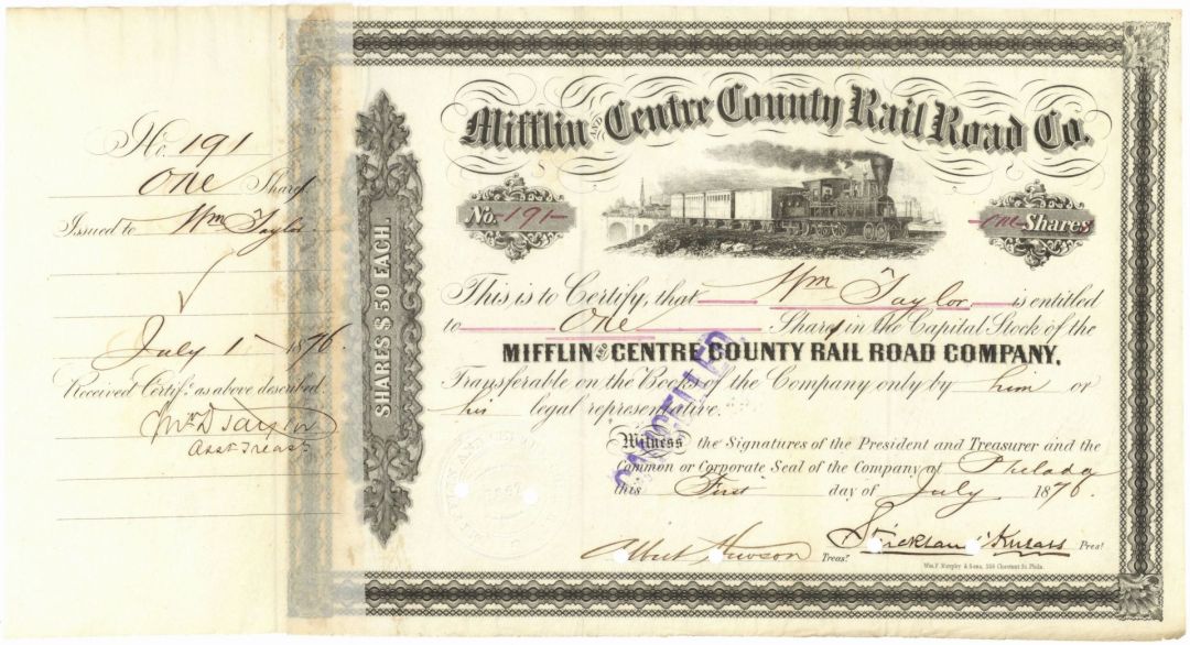 Mifflin and Centre County Rail Road Co. - 1864-1885 dated Pennsylvania Railway Stock Certificate