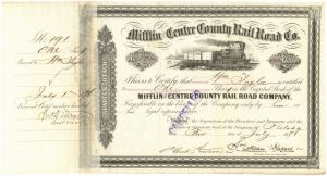 Mifflin and Centre County Rail Road Co. - 1864-1885 dated Pennsylvania Railway Stock Certificate