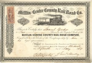 Mifflin and Centre County Rail Road Co. - 1864-1885 dated Railway Stock Certificate