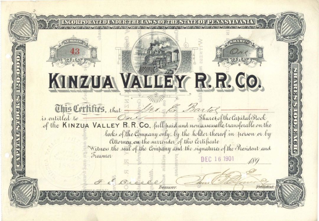 Kinzua Valley R.R. Co.- 1901 dated Stock Certificate