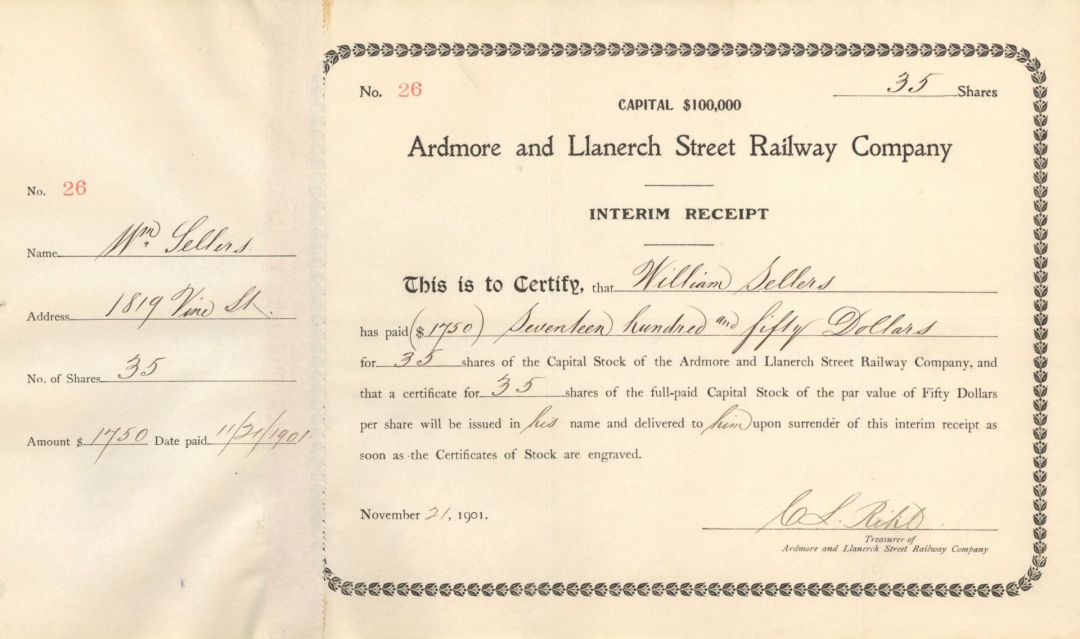 Ardmore and Llanerch Street Railway Co. - 1901 or 1902 Stock Certificate
