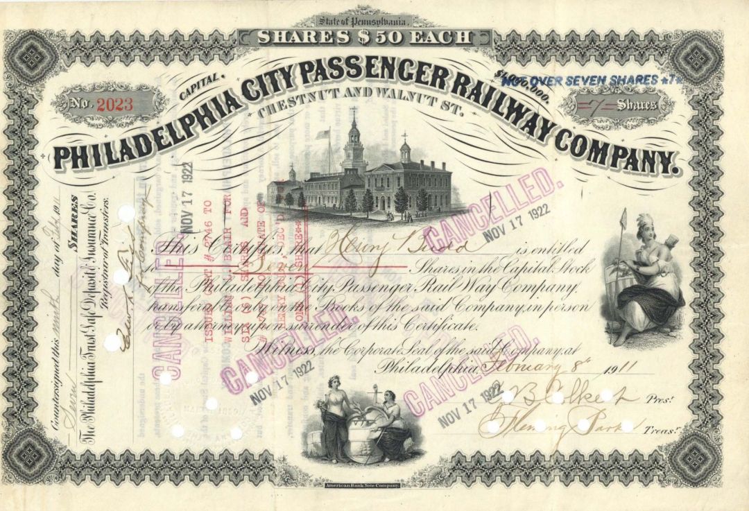 Philadelphia City Passenger Railway Co. - 1892-1911 dated Stock Certificate