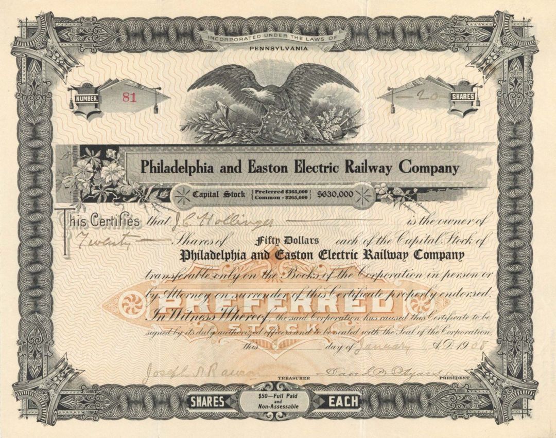 Philadelphia and Easton Electric Railway Co. - 1908 dated Railroad Stock Certificate