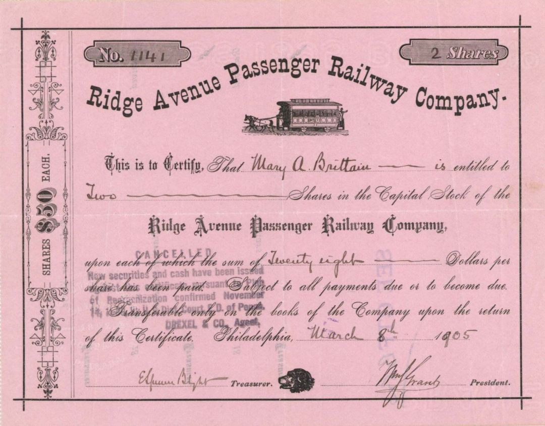 Ridge Avenue Passenger Railway Co. - 1905 or 1906 dated Stock Certificate