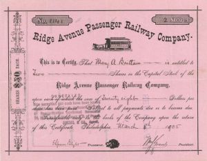 Ridge Avenue Passenger Railway Co. - 1905 or 1906 dated Stock Certificate