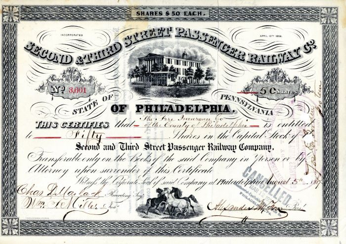 Second and Third Street Passenger Railway Co. - Stock Certificate