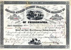 Second and Third Street Passenger Railway Co. - Stock Certificate