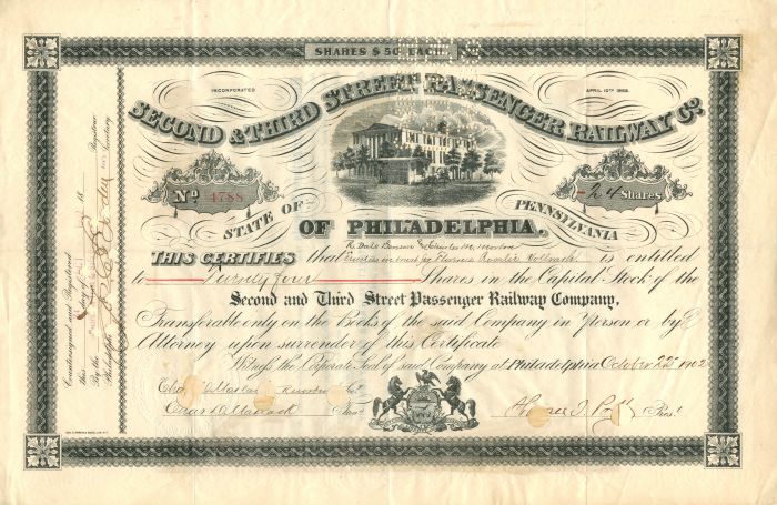 Second and Third Street Passenger Railway Co. - Stock Certificate