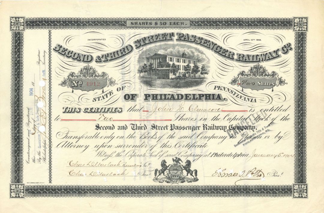 Second and Third Street Passenger Railway Co. - 1897-1908 dated Stock Certificate