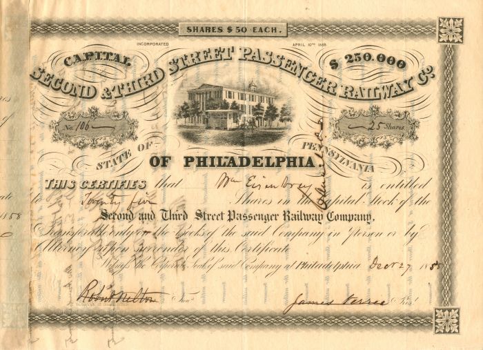 Second and Third Street Passenger Railway Co. - Stock Certificate