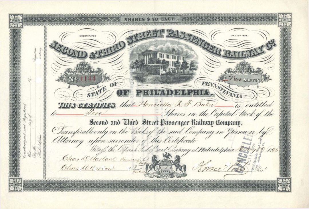 Second and Third Street Passenger Railway Co. - 1872-1895 dated Stock Certificate