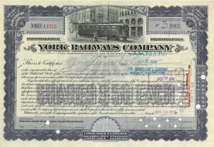 York Railways Co. - 1916-1923 dated Stock Certificate