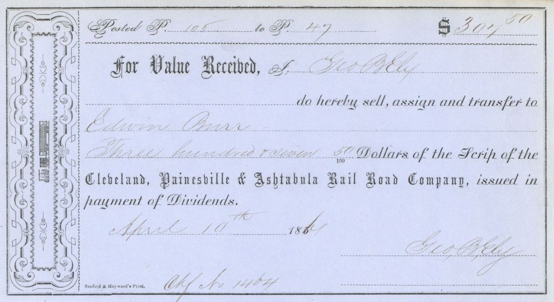 Cleveland, Painesville and Ashtabula Rail Road Co. - 1860's dated Railway Payment Receipt