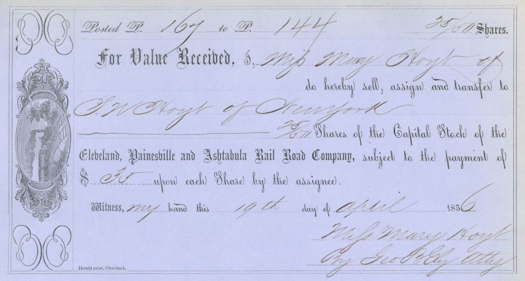 Cleveland, Painesville and Ashtabula Rail Road Co. - 1854-57 dated Railway Payment Receipt