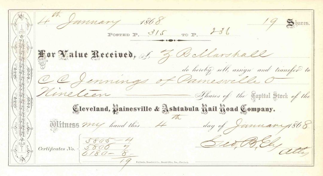 Cleveland, Painesville and Ashtabula Rail Road Co. - Railway Stock Transfer