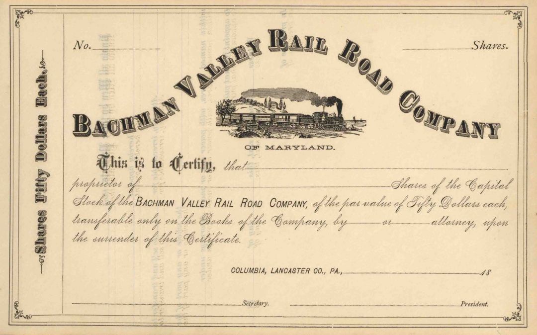 Bachman Valley Rail Road Co. - Unissued Railway Stock Certificate