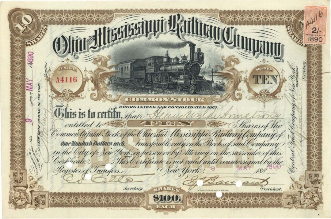 Ohio and Mississippi Railway Co. - 1890 dated Stock Certificate with Revenue Stamp