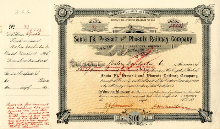 Santa Fe, Prescott and Phoenix Railway Co. - 1895 dated Territory of Arizona Railroad Stock Certificate